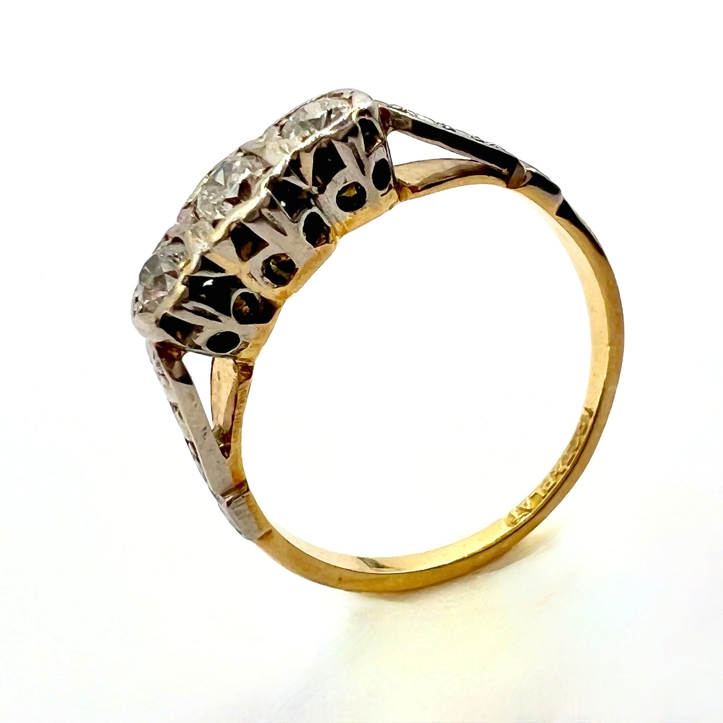 Victorian 18ct Gold and Platinum Three Stone Old Cut Diamond Ring, Size J