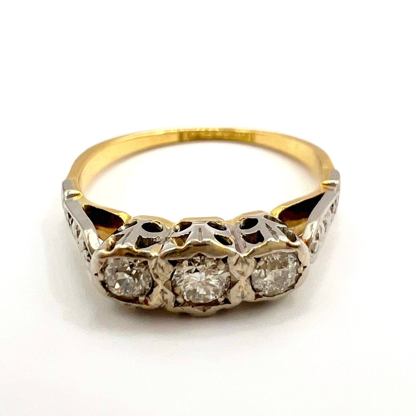 Victorian 18ct Gold and Platinum Three Stone Old Cut Diamond Ring, Size J