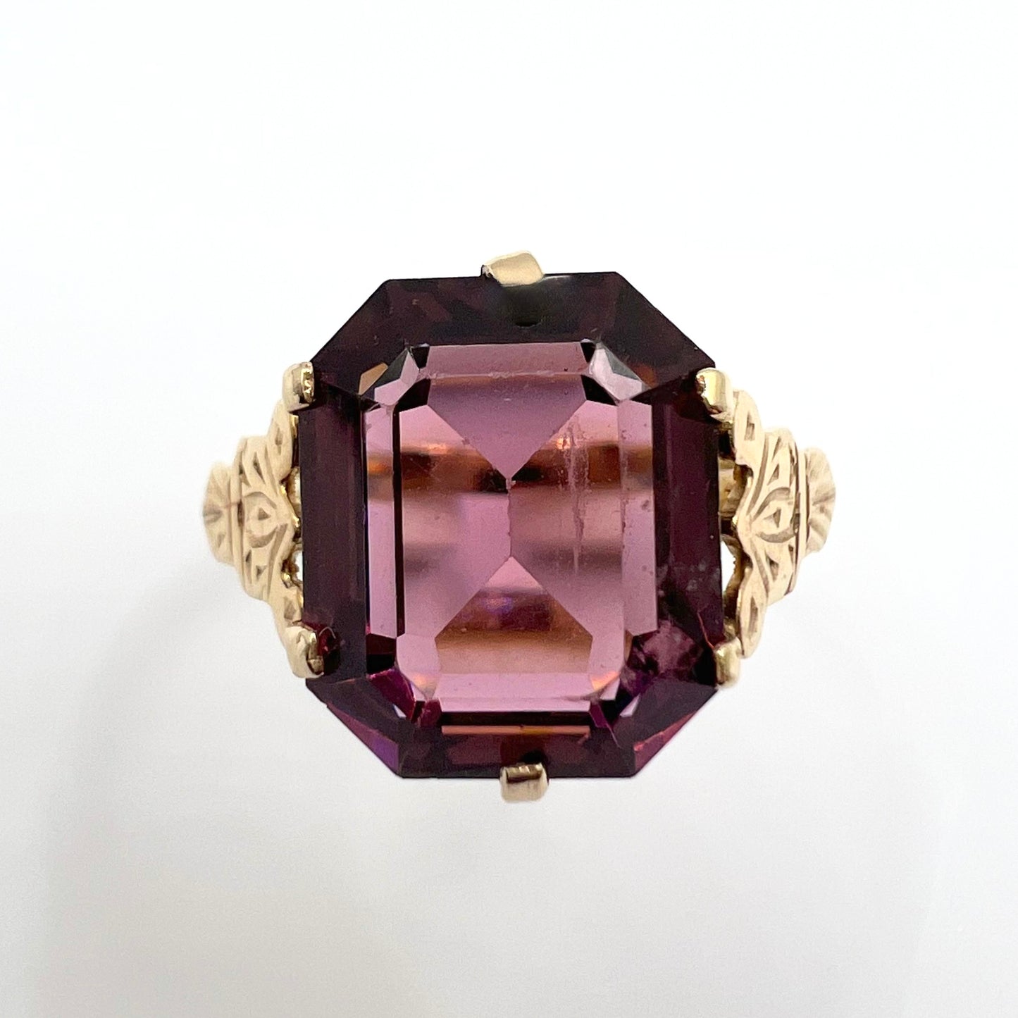 Antique 9ct Gold Octagon Cut Amethyst Dress Ring, Size M