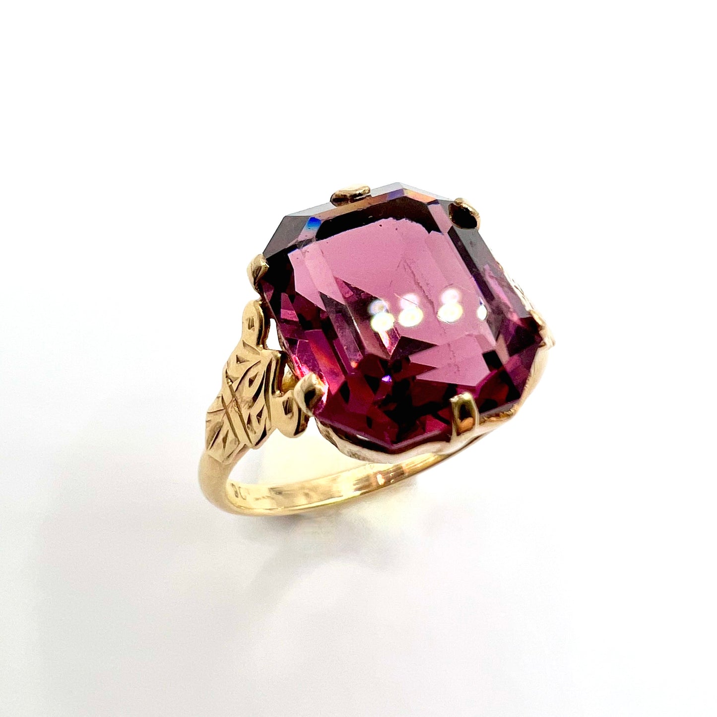 Antique 9ct Gold Octagon Cut Amethyst Dress Ring, Size M