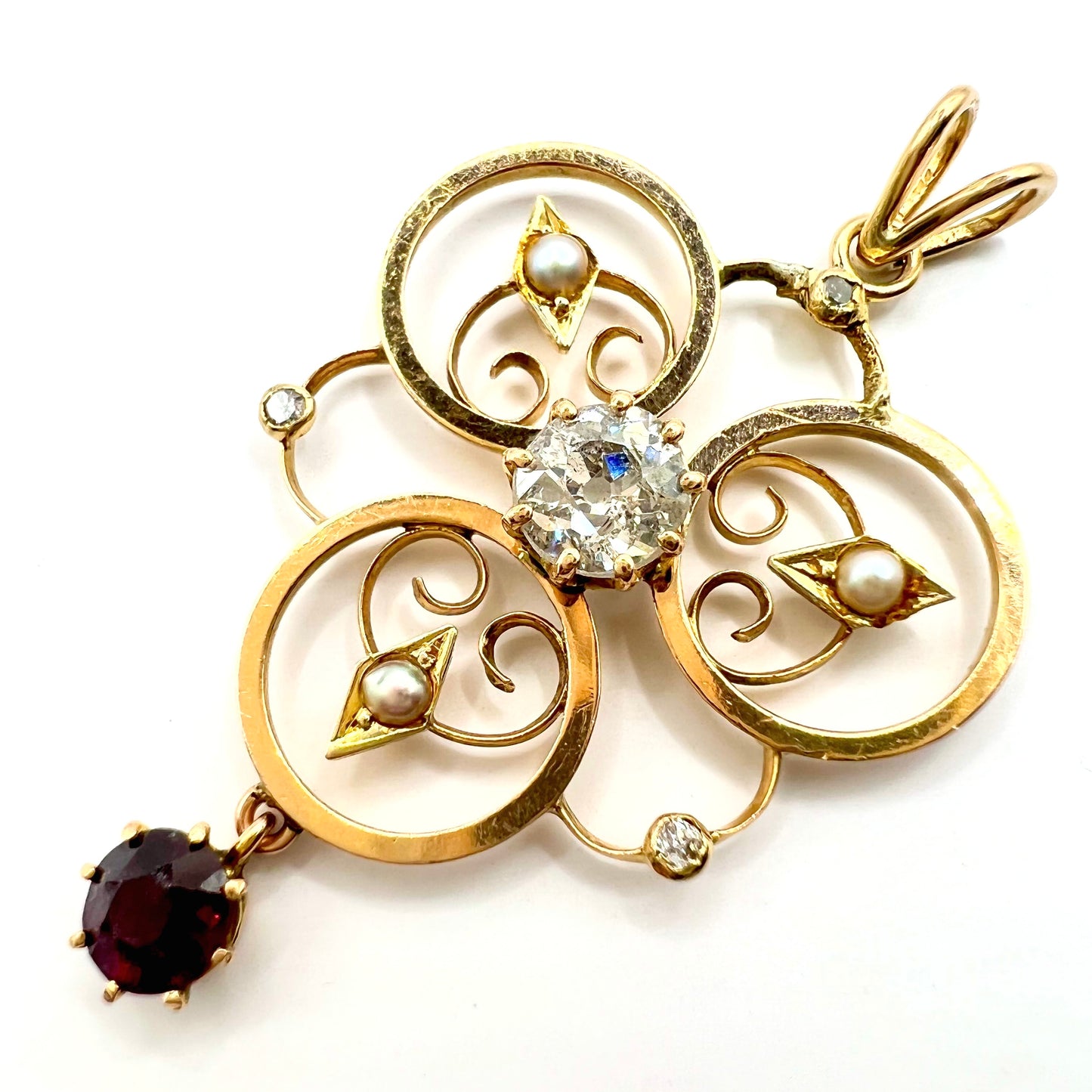 Edwardian 9ct Gold, Old-cut Diamond, Split Pearl and Garnet Pendant