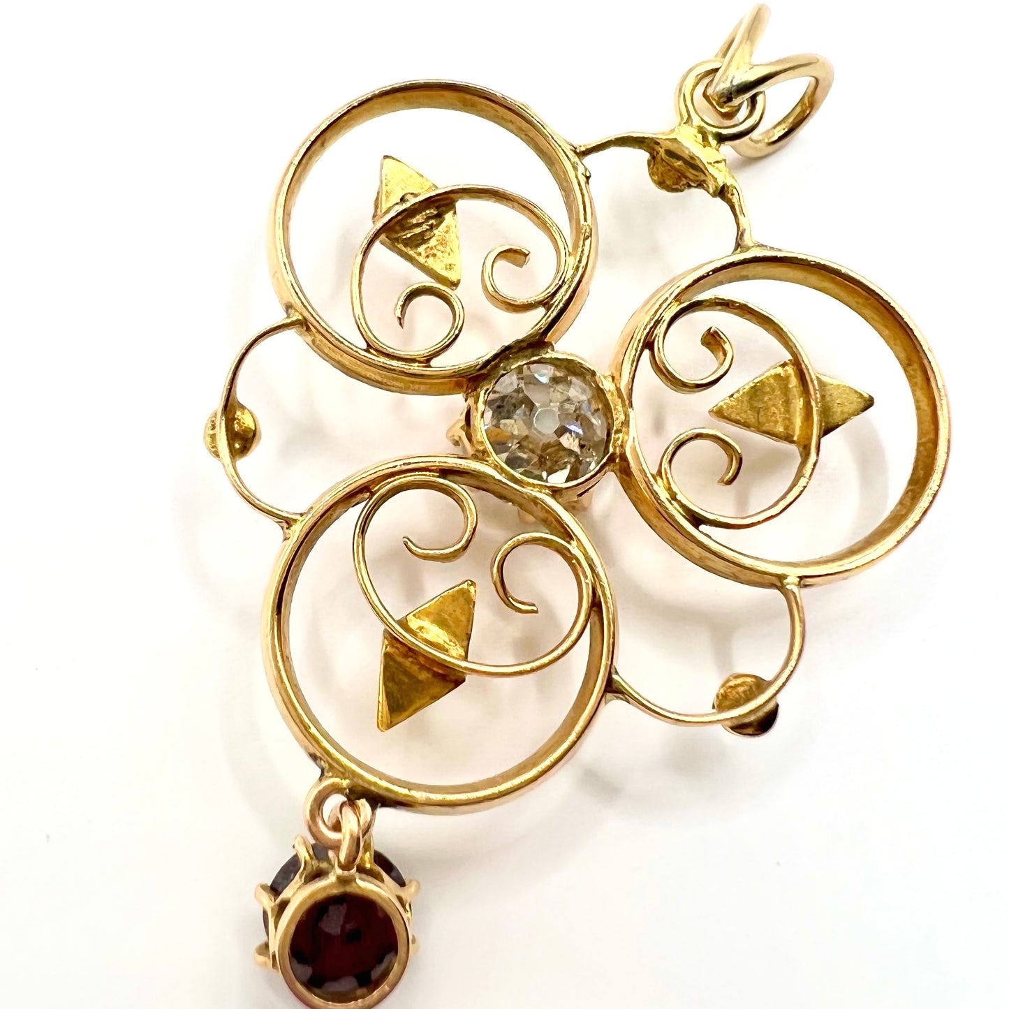 Edwardian 9ct Gold, Old-cut Diamond, Split Pearl and Garnet Pendant