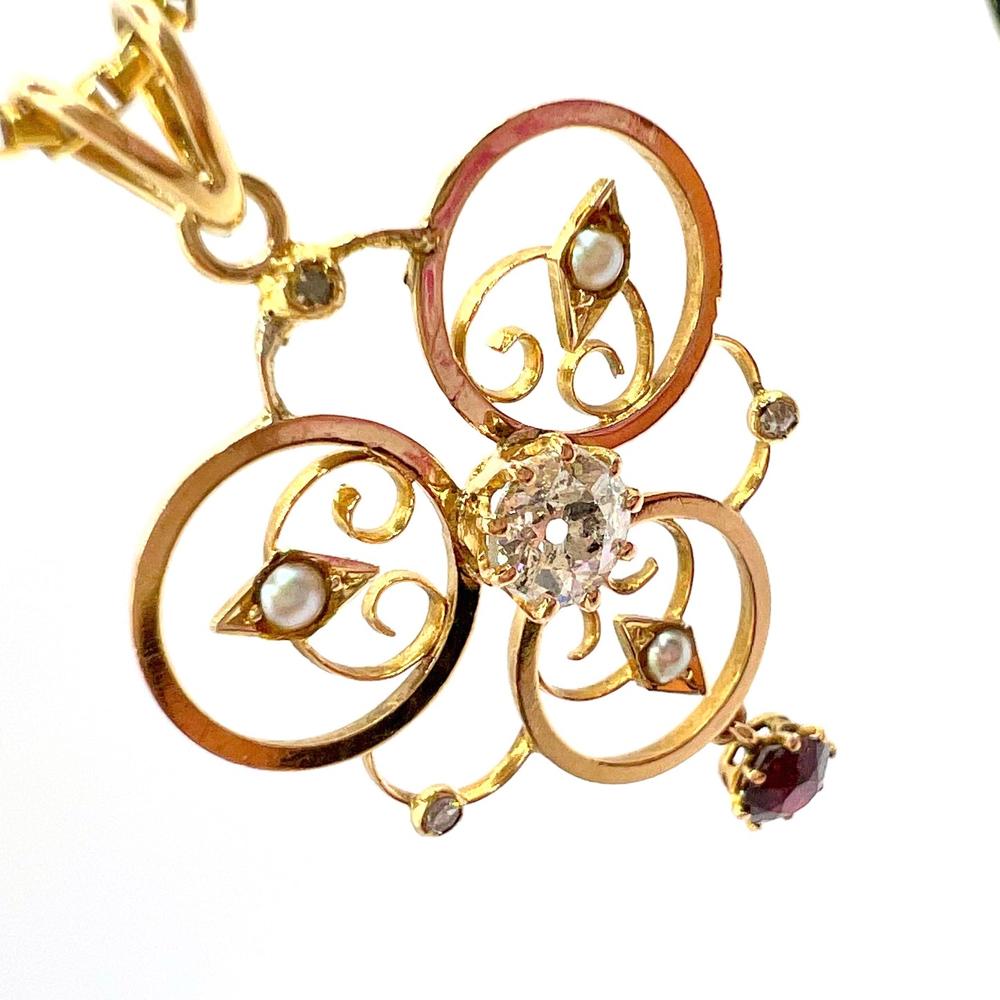 Edwardian 9ct Gold, Old-cut Diamond, Split Pearl and Garnet Pendant