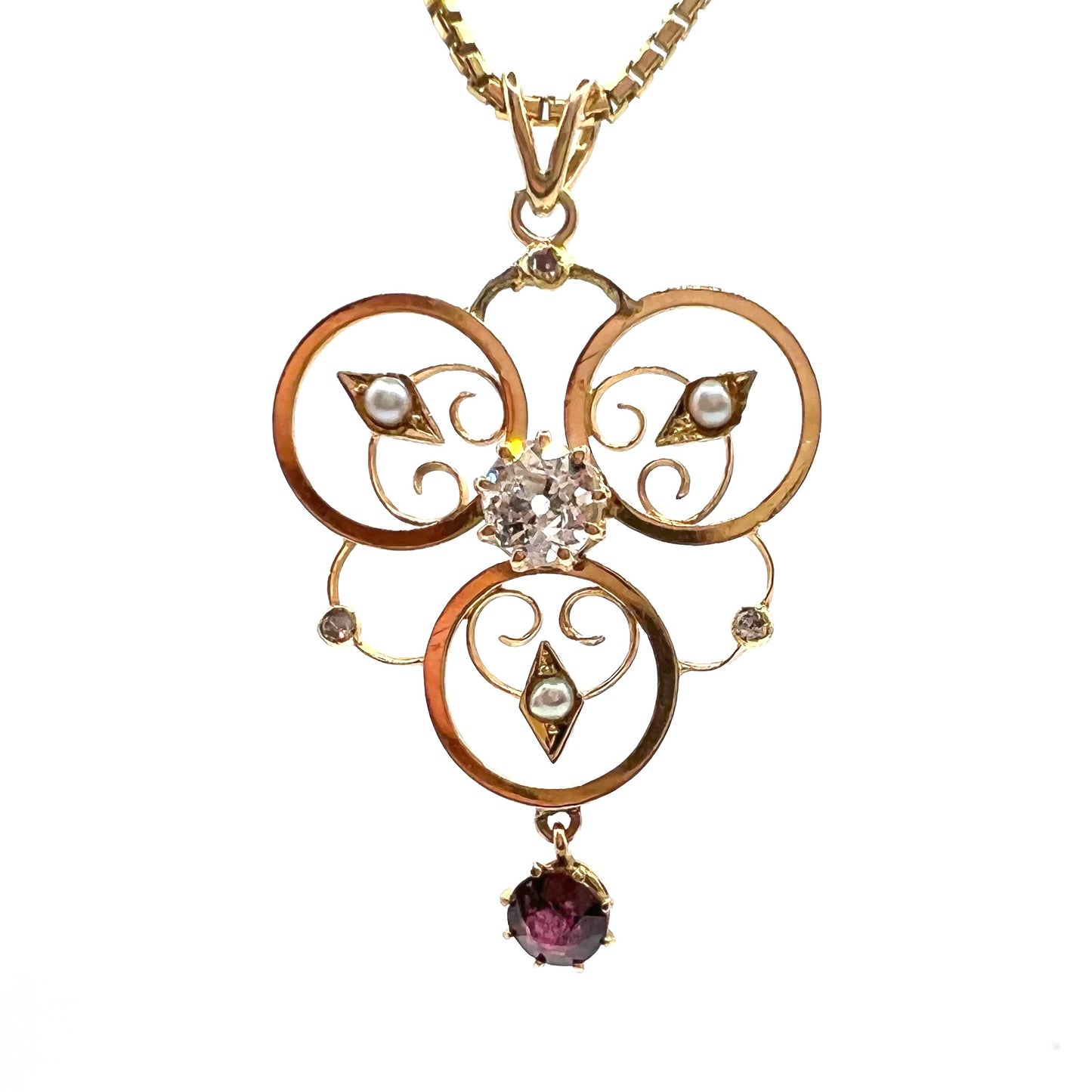 Edwardian 9ct Gold, Old-cut Diamond, Split Pearl and Garnet Pendant