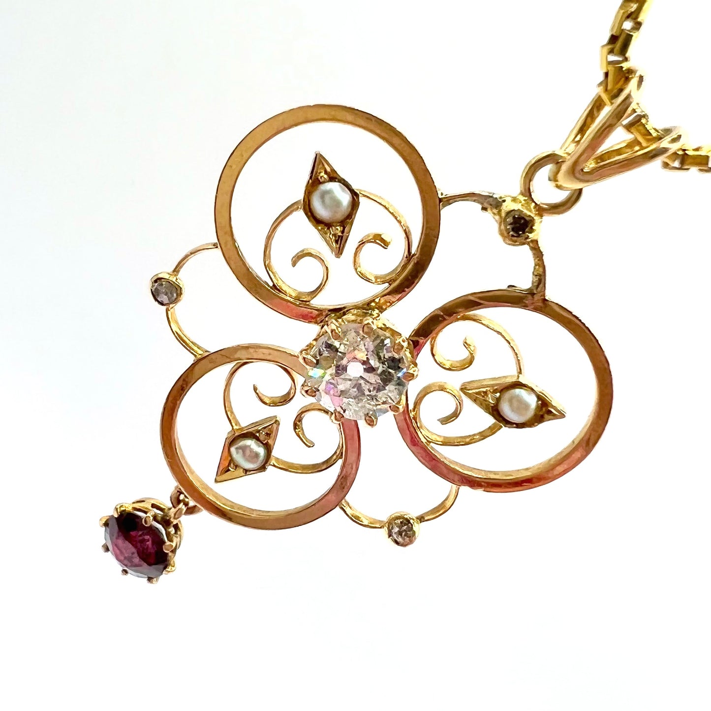 Edwardian 9ct Gold, Old-cut Diamond, Split Pearl and Garnet Pendant