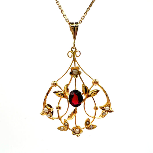 Antique 9ct Gold Victorian Garnet and Seed Pearl Pendant