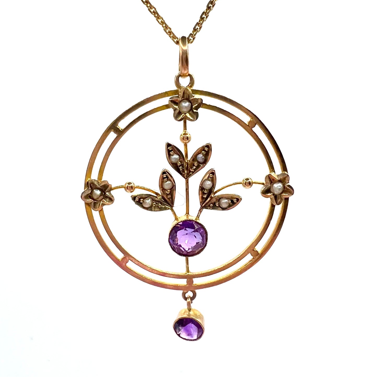 9ct Victorian Art Nouveau Rosey Gold Amethyst and Seed Pearl Pendant