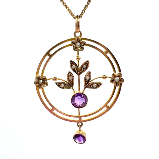 9ct Victorian Art Nouveau Rosey Gold Amethyst and Seed Pearl Pendant