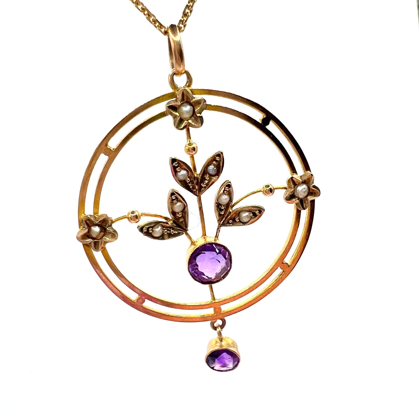 9ct Victorian Art Nouveau Rosey Gold Amethyst and Seed Pearl Pendant