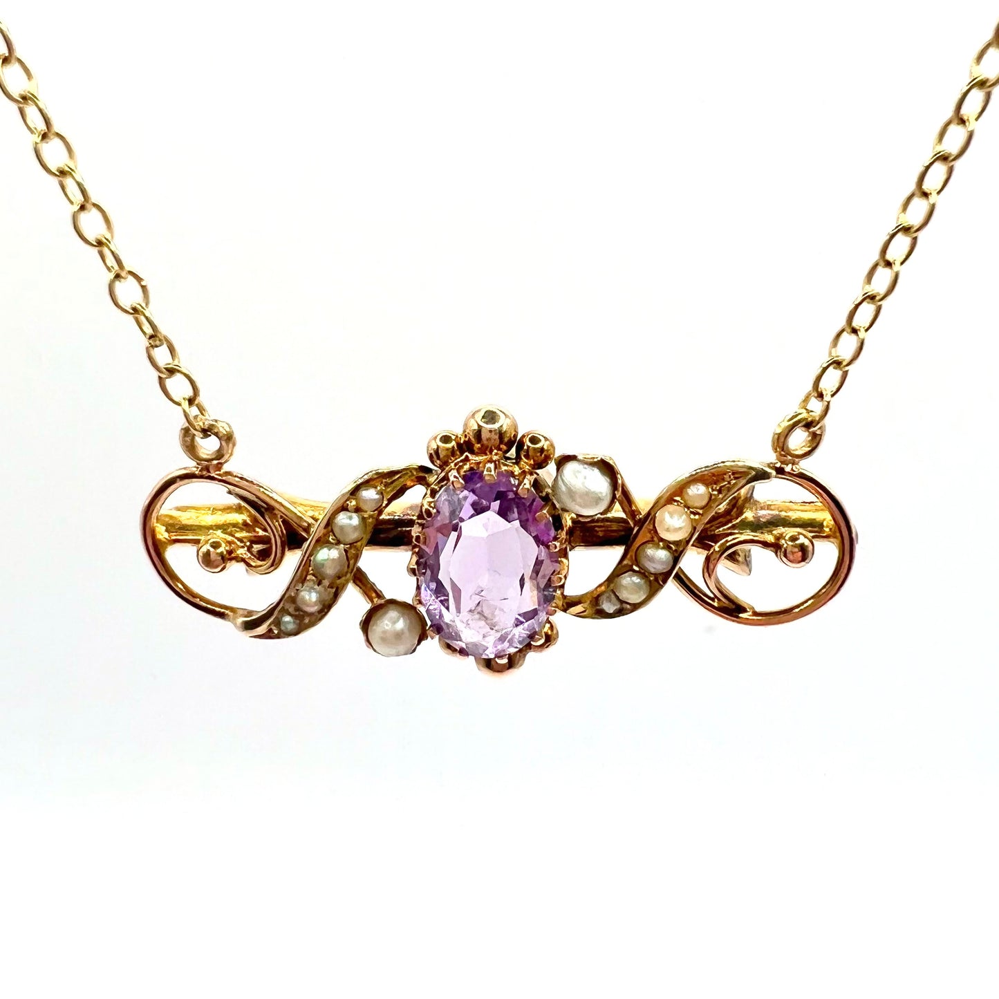 9ct Gold Victorian Amethyst and Seed Pearl Pendant Necklace