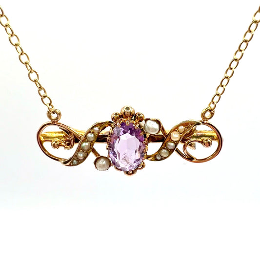 9ct Gold Victorian Amethyst and Seed Pearl Pendant Necklace