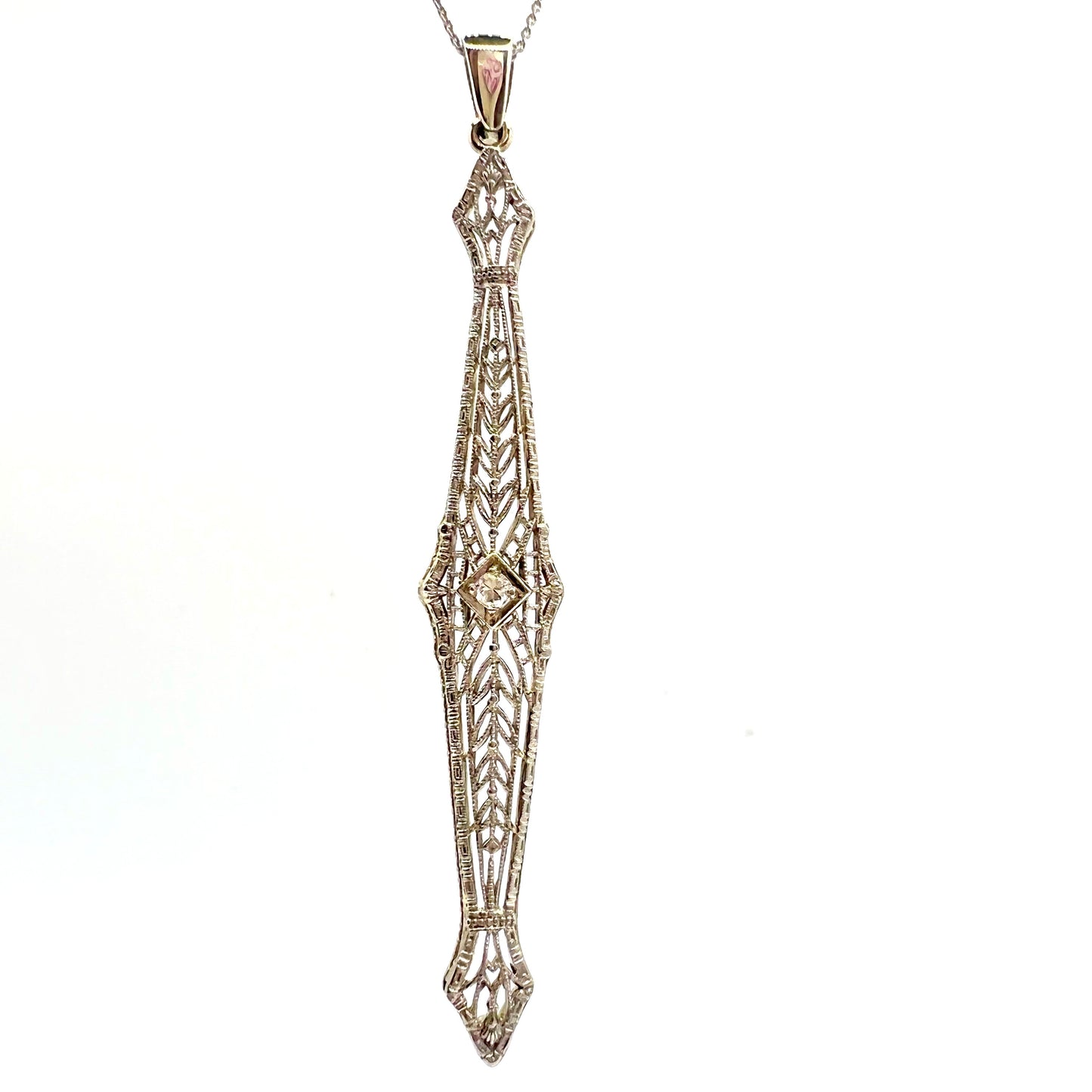 Art Deco 14 ct White Gold Pendant with Central Brilliant Cut Diamond, Reworked from Antique Brooch