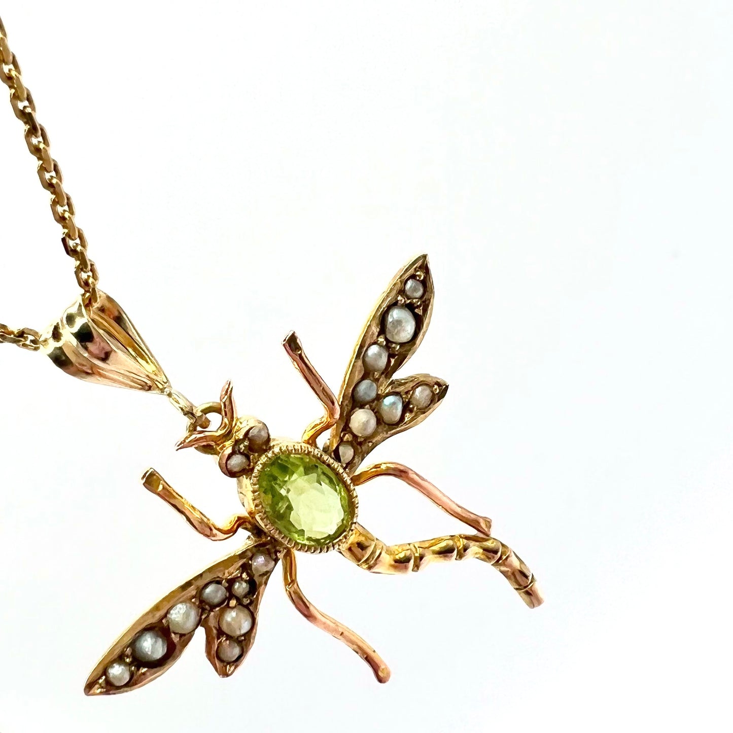 Victorian 9ct Gold Peridot and Seed Pearl Dragonfly Pendant