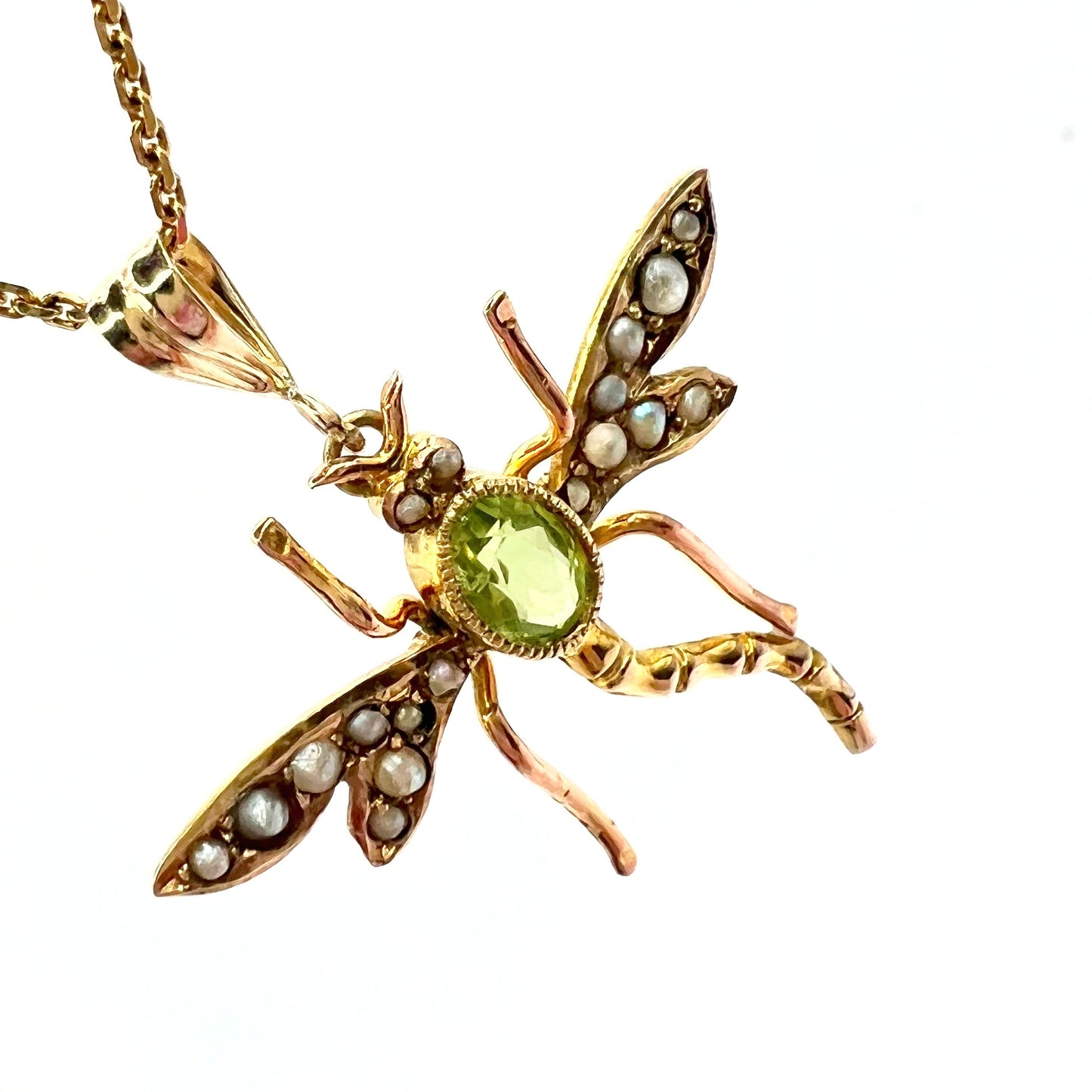 Victorian 9ct Gold Peridot and Seed Pearl Dragonfly Pendant