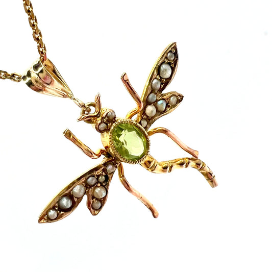 Victorian 9ct Gold Peridot and Seed Pearl Dragonfly Pendant