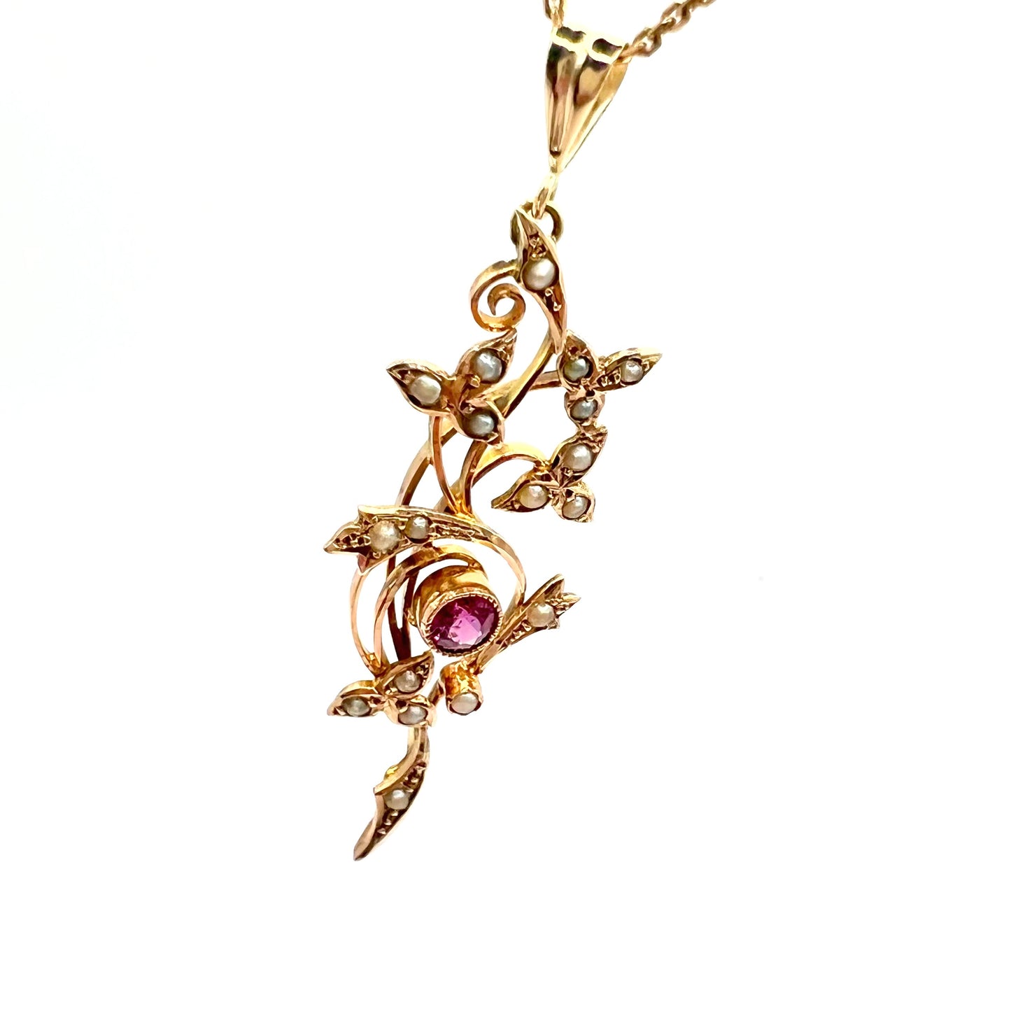 Victorian 9ct Gold Pink Sapphire and Seed Pearl Pendant