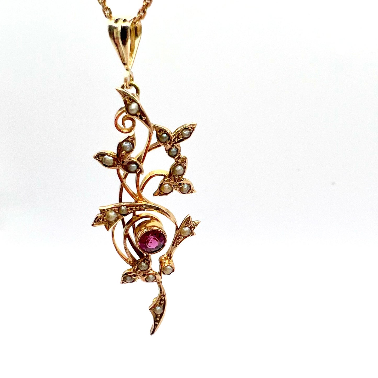 Victorian 9ct Gold Pink Sapphire and Seed Pearl Pendant