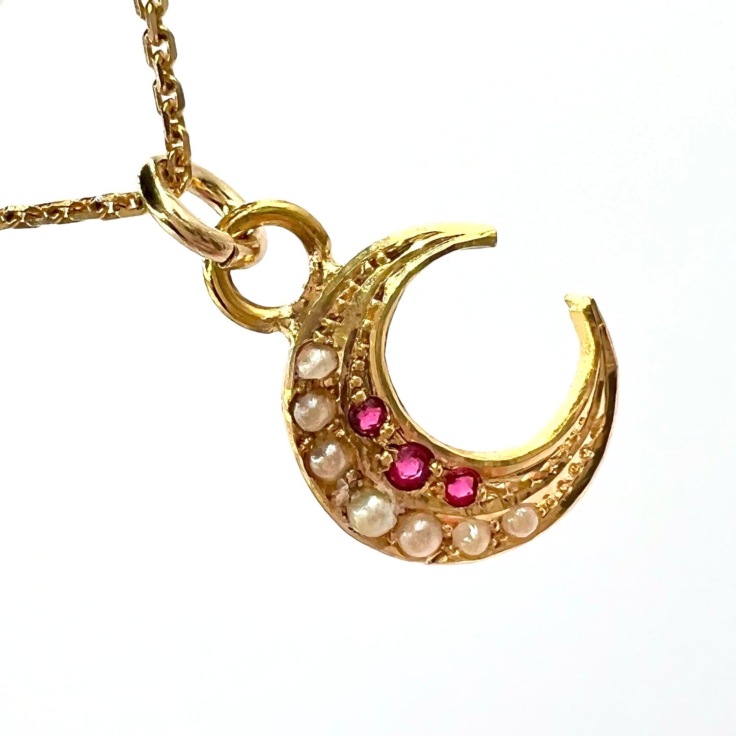 15ct Gold Ruby and Seed Pearl Crescent Charm Pendant