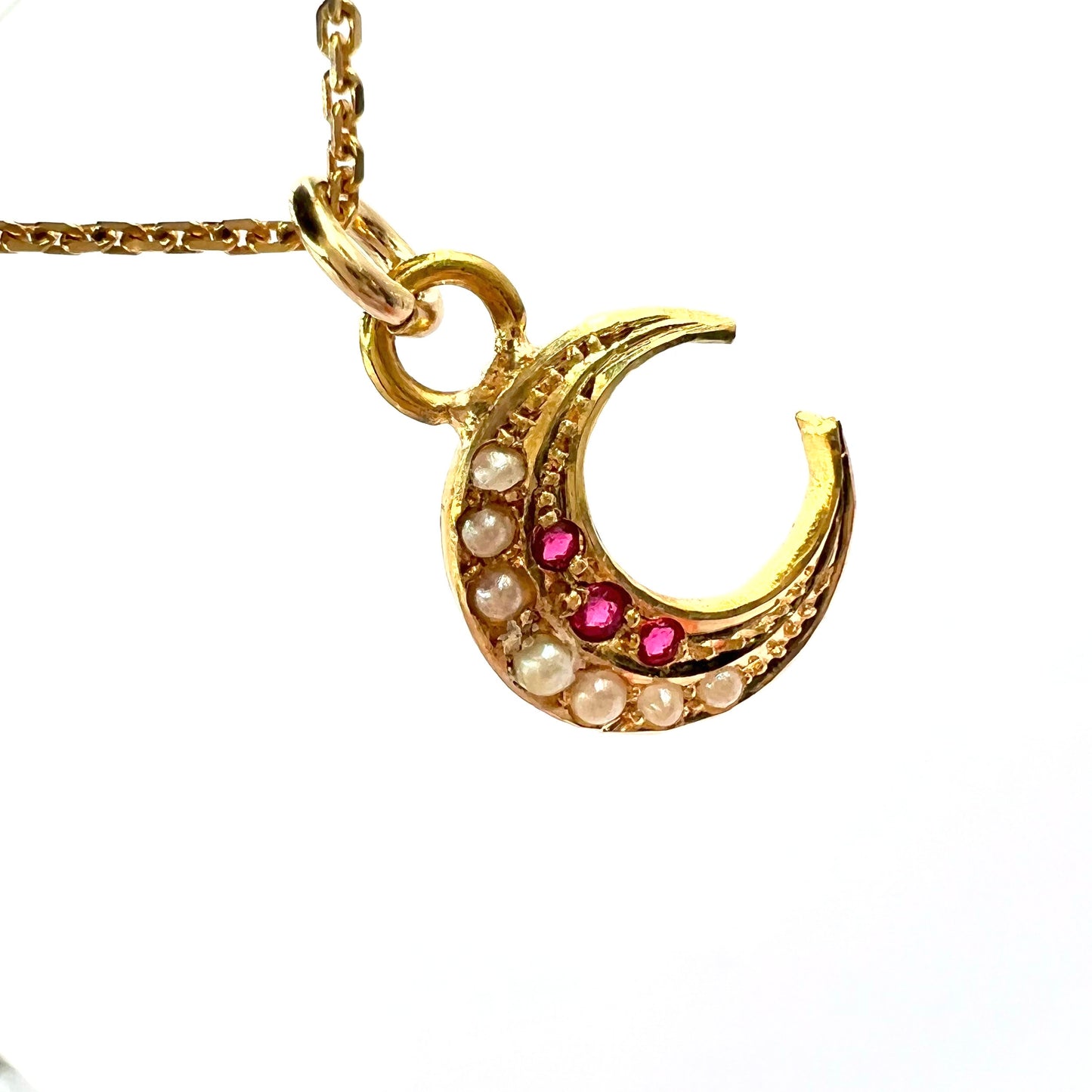 15ct Gold Ruby and Seed Pearl Crescent Charm Pendant