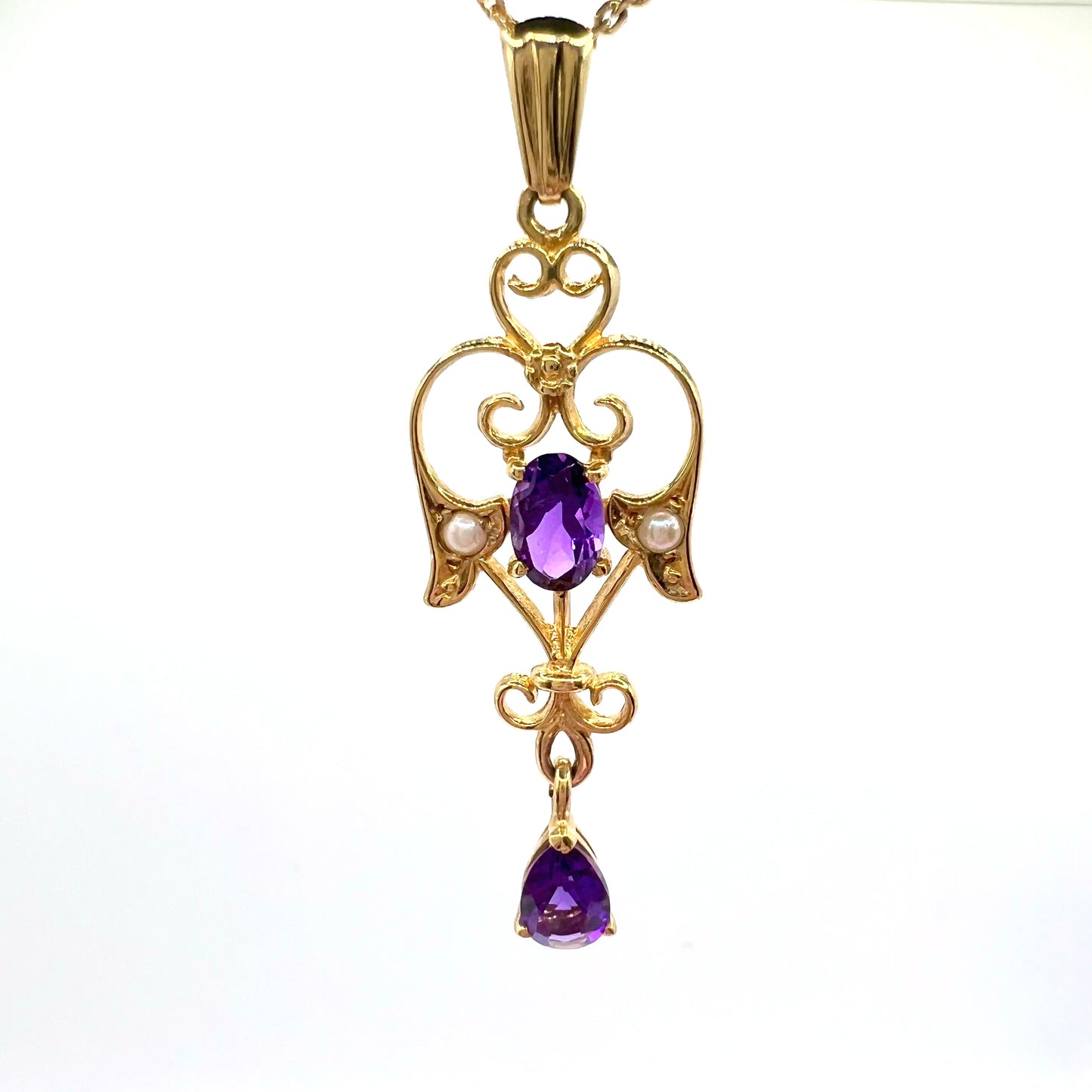 9ct Gold Vintage Amethyst and Seed Pearl Pendant with 46 cm Fine Gold Chain