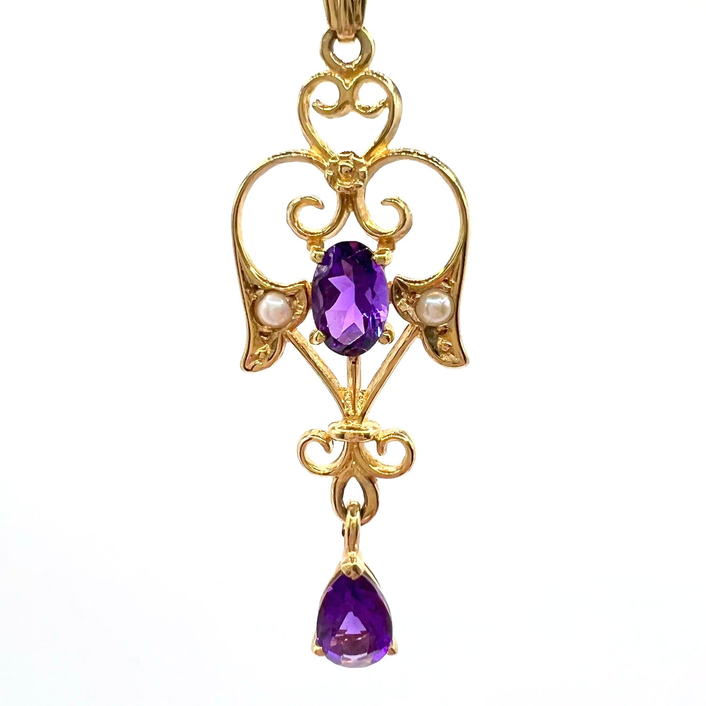 9ct Gold Vintage Amethyst and Seed Pearl Pendant with 46 cm Fine Gold Chain