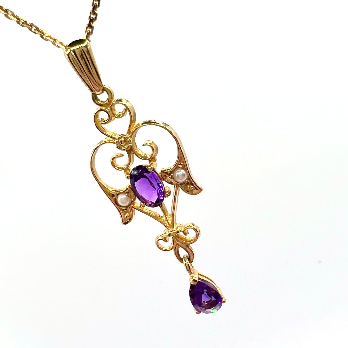 9ct Gold Vintage Amethyst and Seed Pearl Pendant with 46 cm Fine Gold Chain