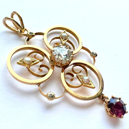 Edwardian 9ct Gold, Old-cut Diamond, Split Pearl and Garnet Pendant