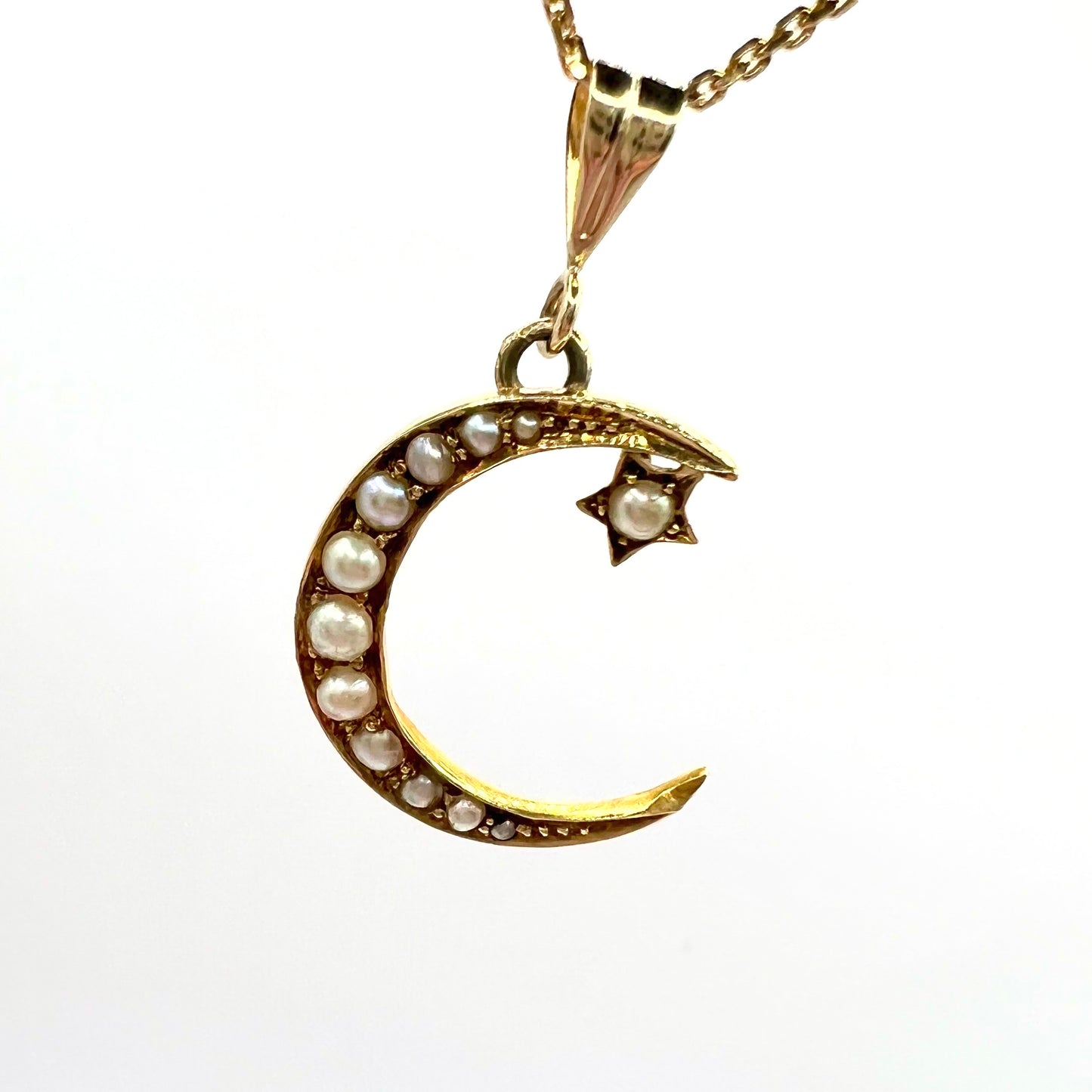 Victorian 15ct Gold and Seed Pearl Crescent Charm Pendant