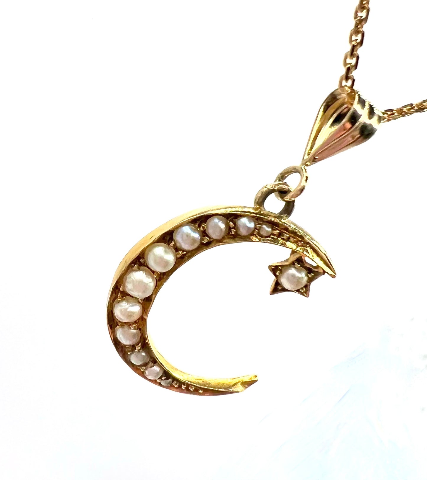 Victorian 15ct Gold and Seed Pearl Crescent Charm Pendant