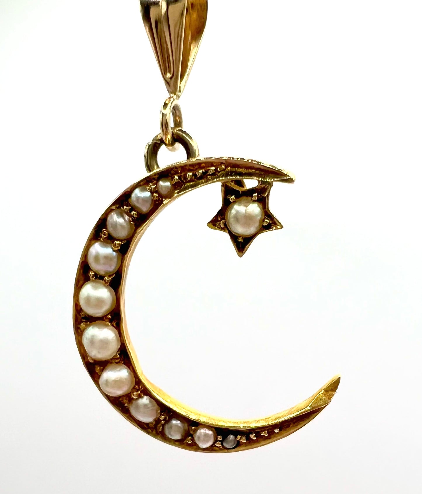 Victorian 15ct Gold and Seed Pearl Crescent Charm Pendant