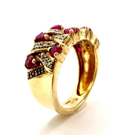 Vintage 9ct Gold, Ruby and Diamond Dress Ring, Size J
