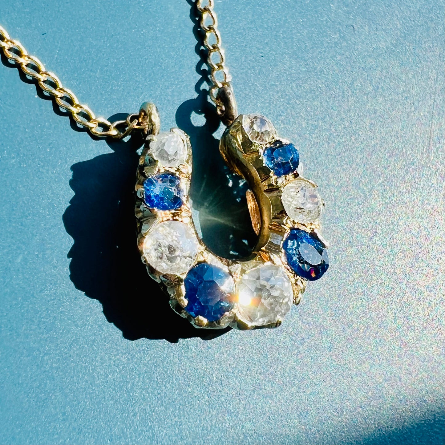 Victorian Sapphire and Old European Cut Diamond Horseshoe Pendant