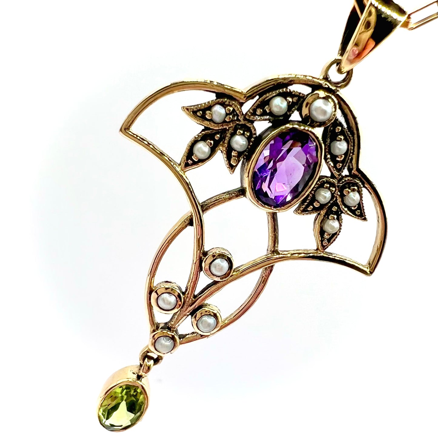 Art Nouveau 9ct gold Amethyst Pearl, and Peridot Suffragette Pendant