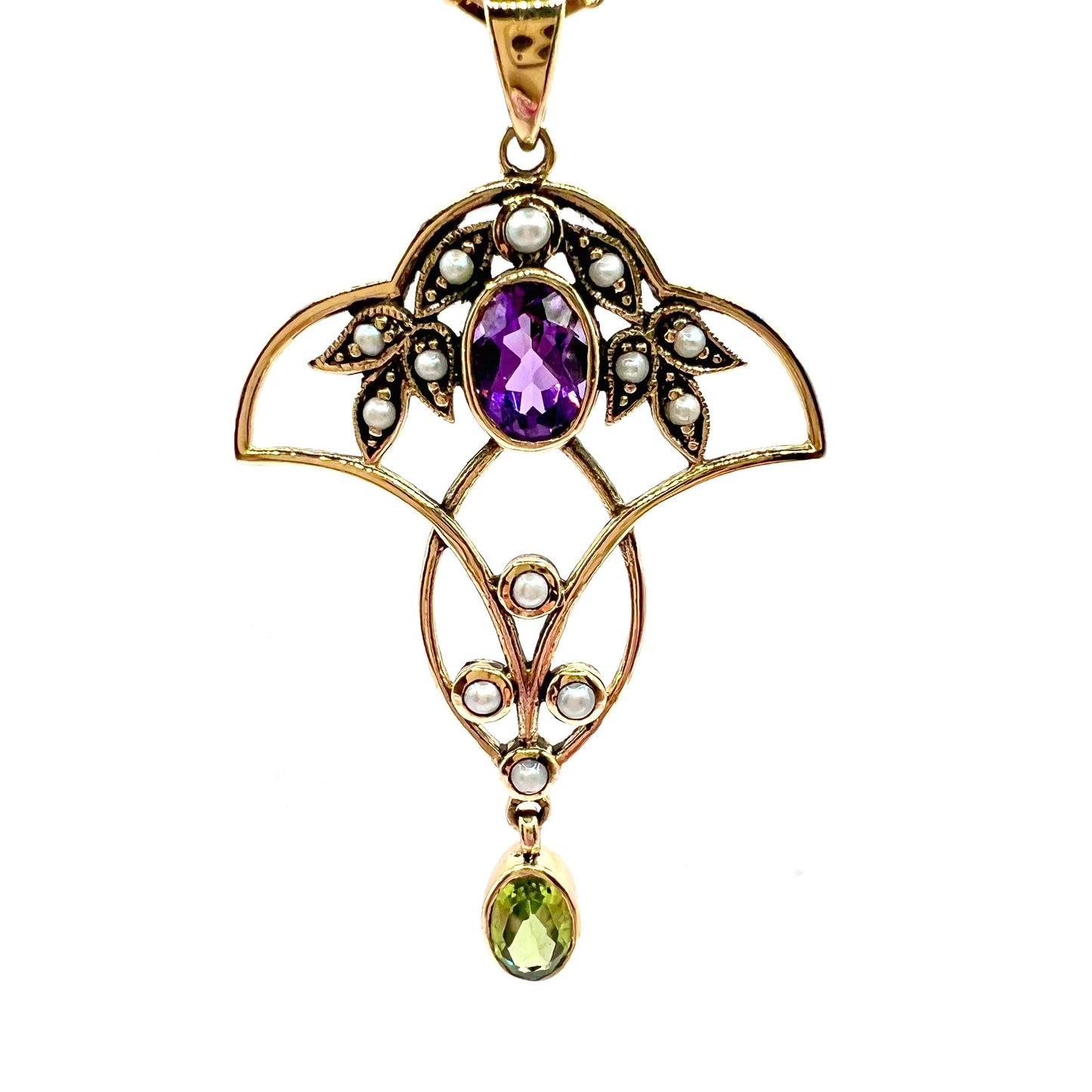 Art Nouveau 9ct gold Amethyst Pearl, and Peridot Suffragette Pendant