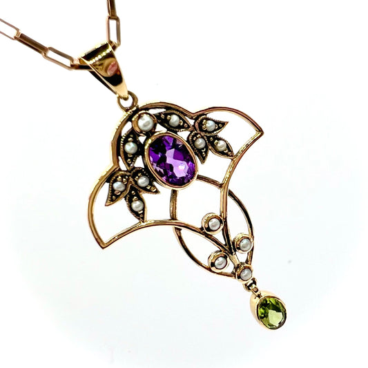 Art Nouveau 9ct gold Amethyst Pearl, and Peridot Suffragette Pendant