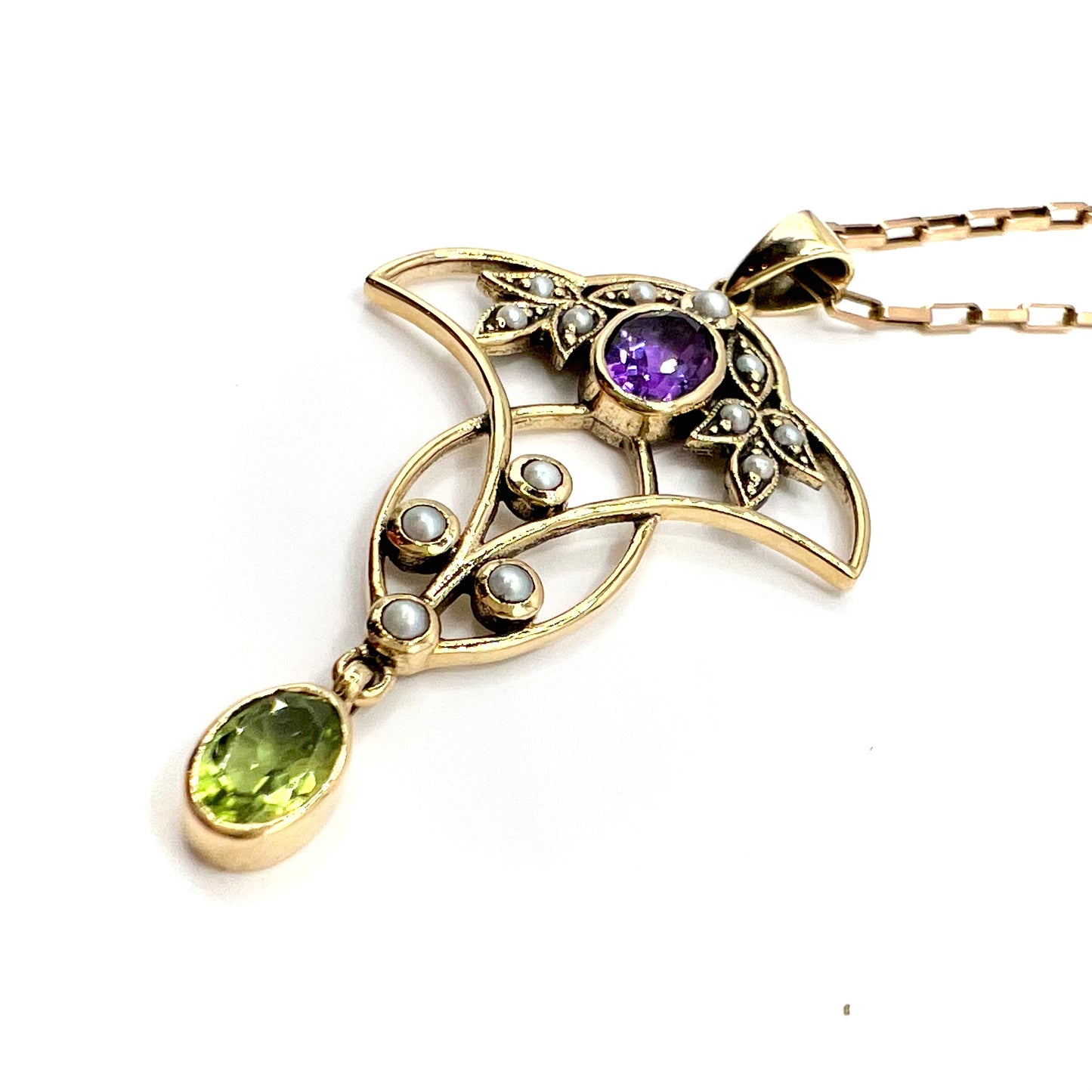 Art Nouveau 9ct gold Amethyst Pearl, and Peridot Suffragette Pendant