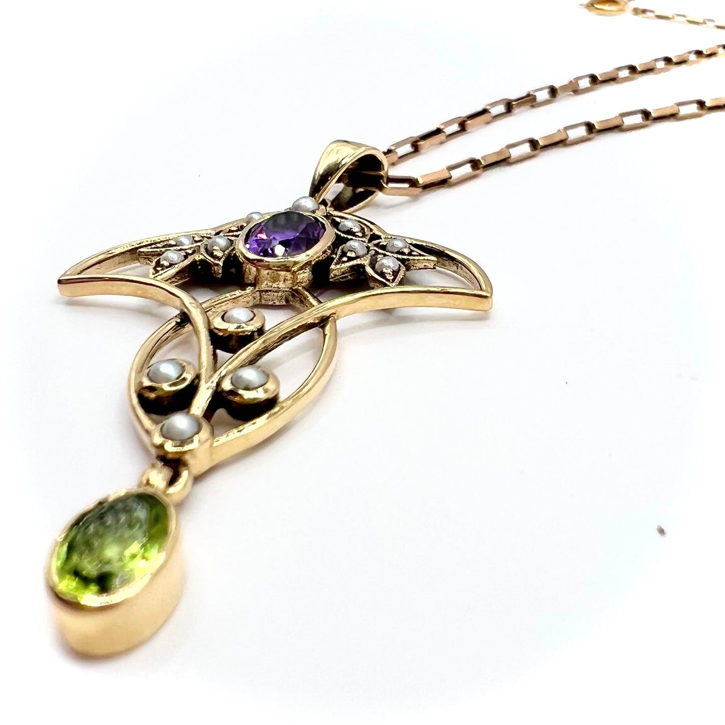 Art Nouveau 9ct gold Amethyst Pearl, and Peridot Suffragette Pendant