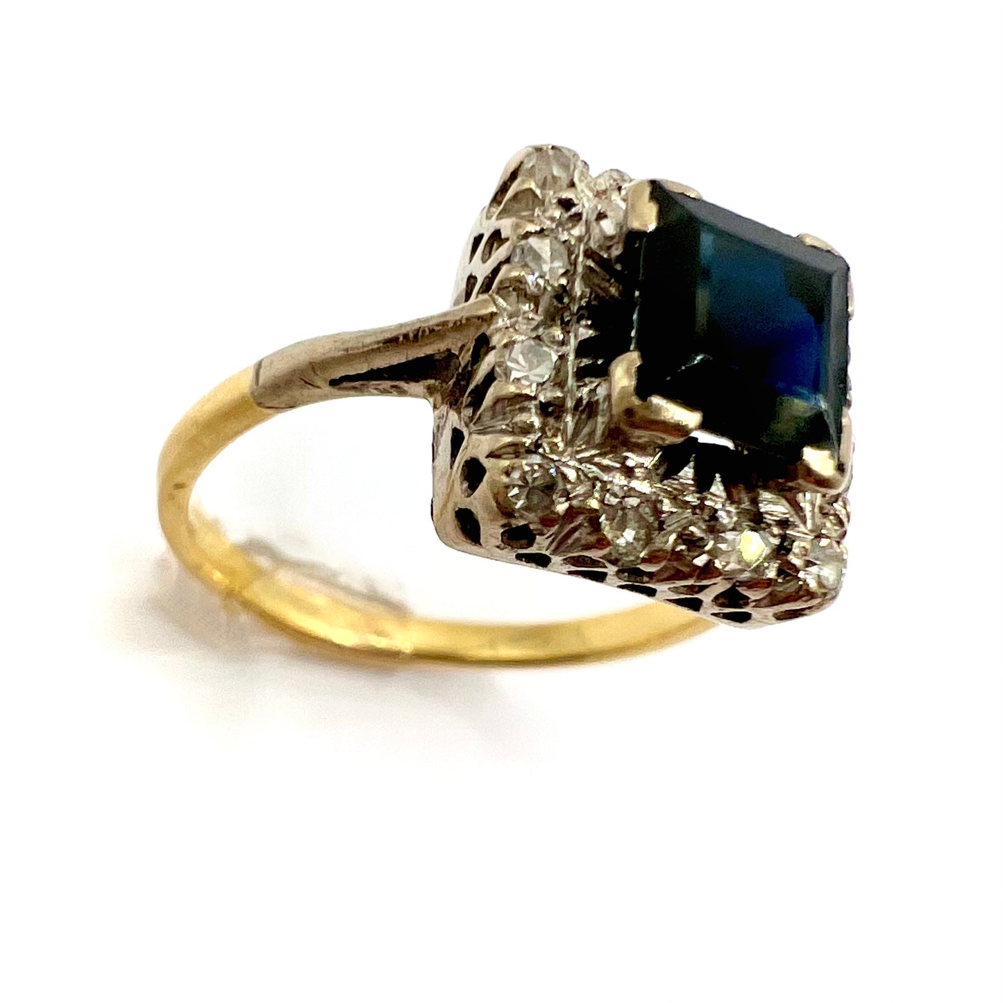 Vintage Platinum and 18ct Gold Step Cut Sapphire and Diamond Dress Ring, Size L