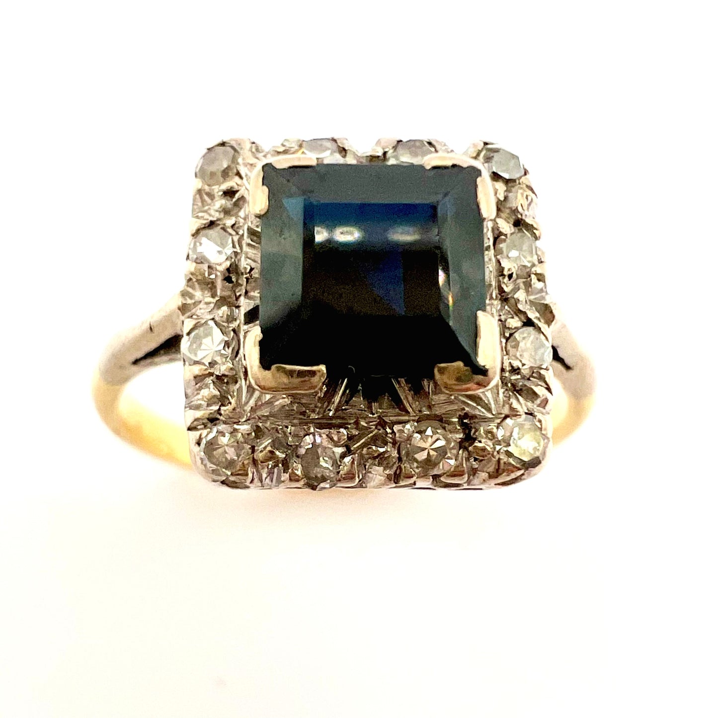 Vintage Platinum and 18ct Gold Step Cut Sapphire and Diamond Dress Ring, Size L