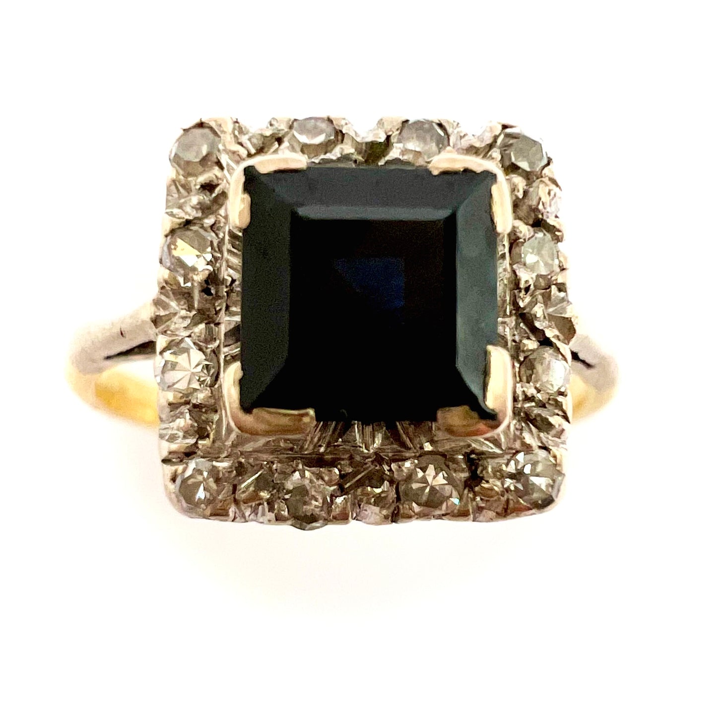 Vintage Platinum and 18ct Gold Step Cut Sapphire and Diamond Dress Ring, Size L