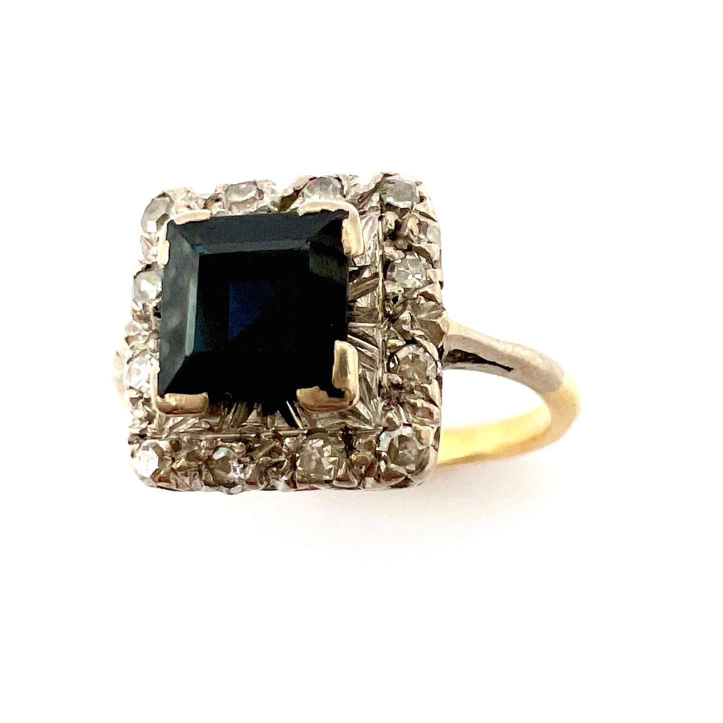 Vintage Platinum and 18ct Gold Step Cut Sapphire and Diamond Dress Ring, Size L