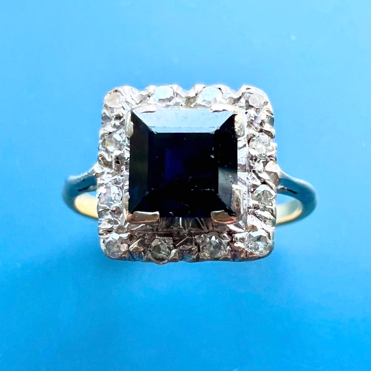 Vintage Platinum and 18ct Gold Step Cut Sapphire and Diamond Dress Ring, Size L