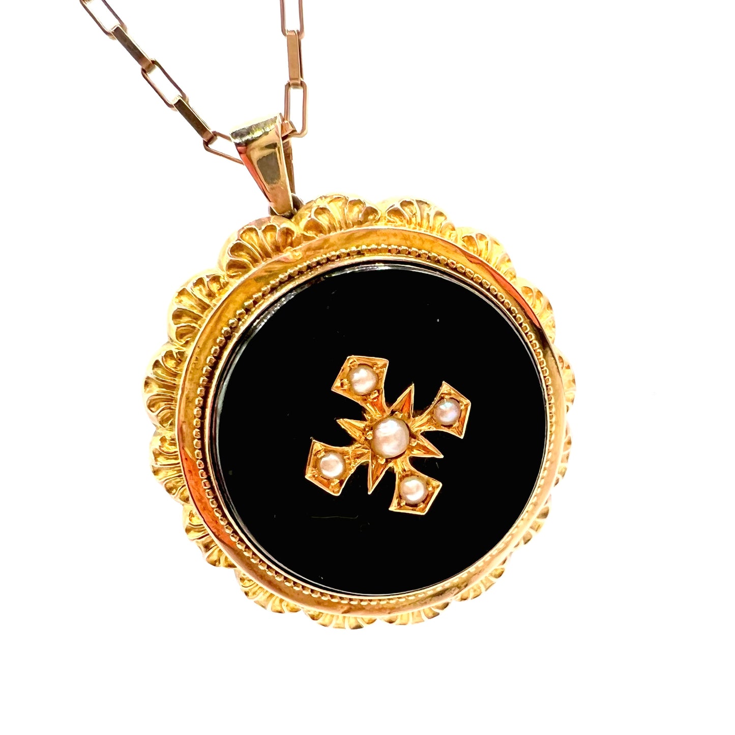 Victorian gold, pearl and black enamel round mourning picture locket