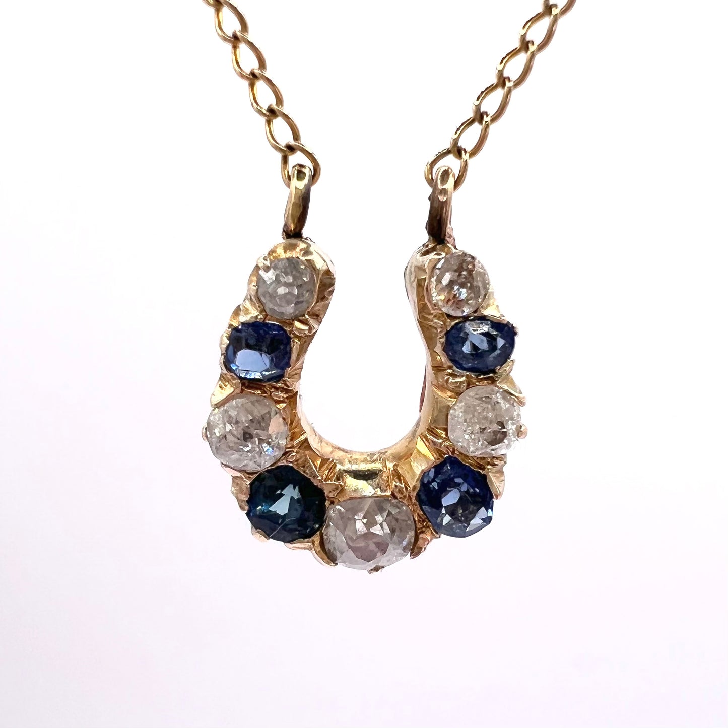 Victorian Sapphire and Old European Cut Diamond Horseshoe Pendant