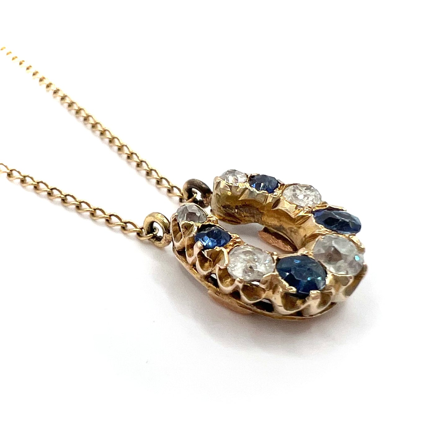 Victorian Sapphire and Old European Cut Diamond Horseshoe Pendant