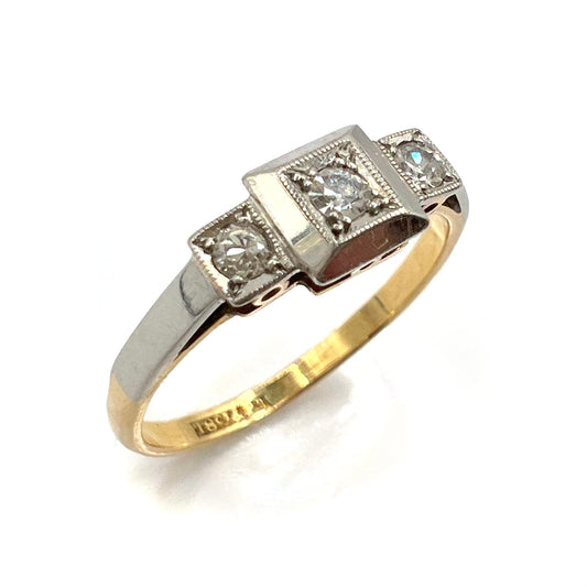 1920s Art Deco Platinum and 18ct gold trilogy engagement ring, size M