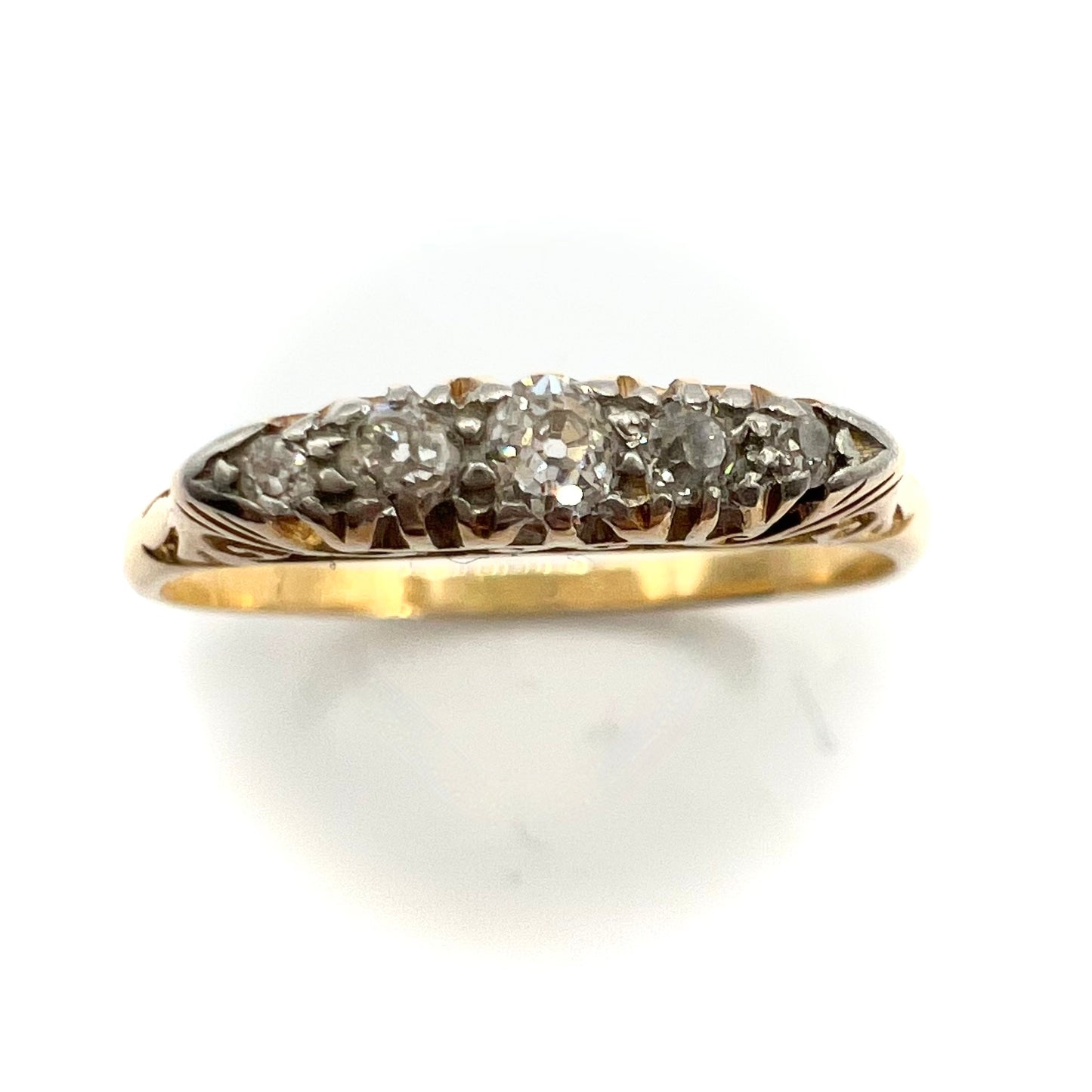 Victorian 18ct Gold Five Stone Old European Cut Diamond Boat Head Ring, Size Q