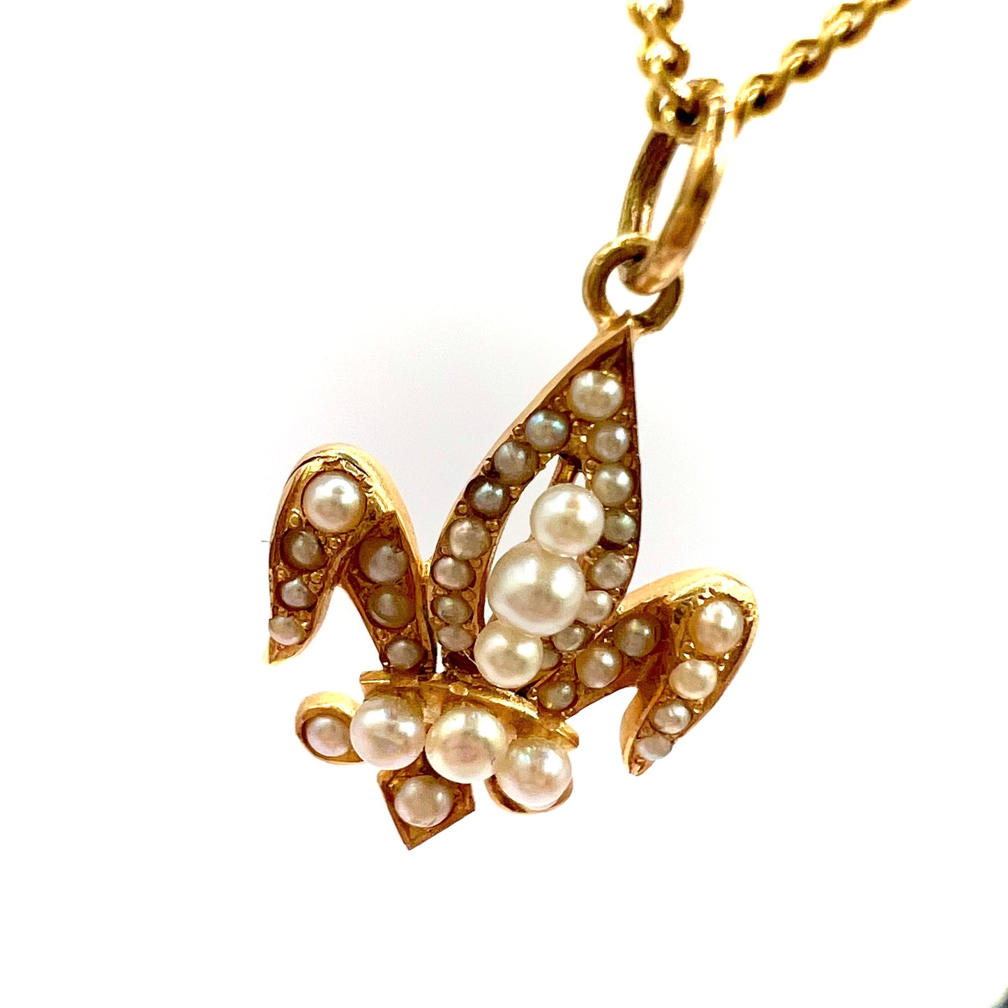 Victorian 15ct Gold and Seed Pearl Fleur de Lis Pendant