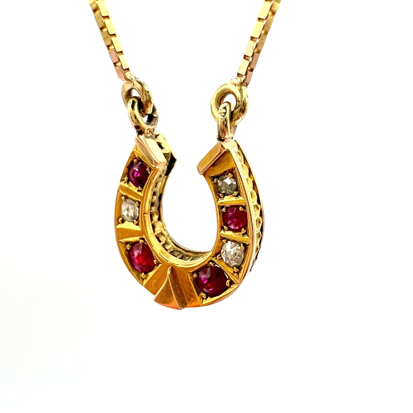 Victorian Ruby and Old European Cut Diamond Horseshoe Necklace