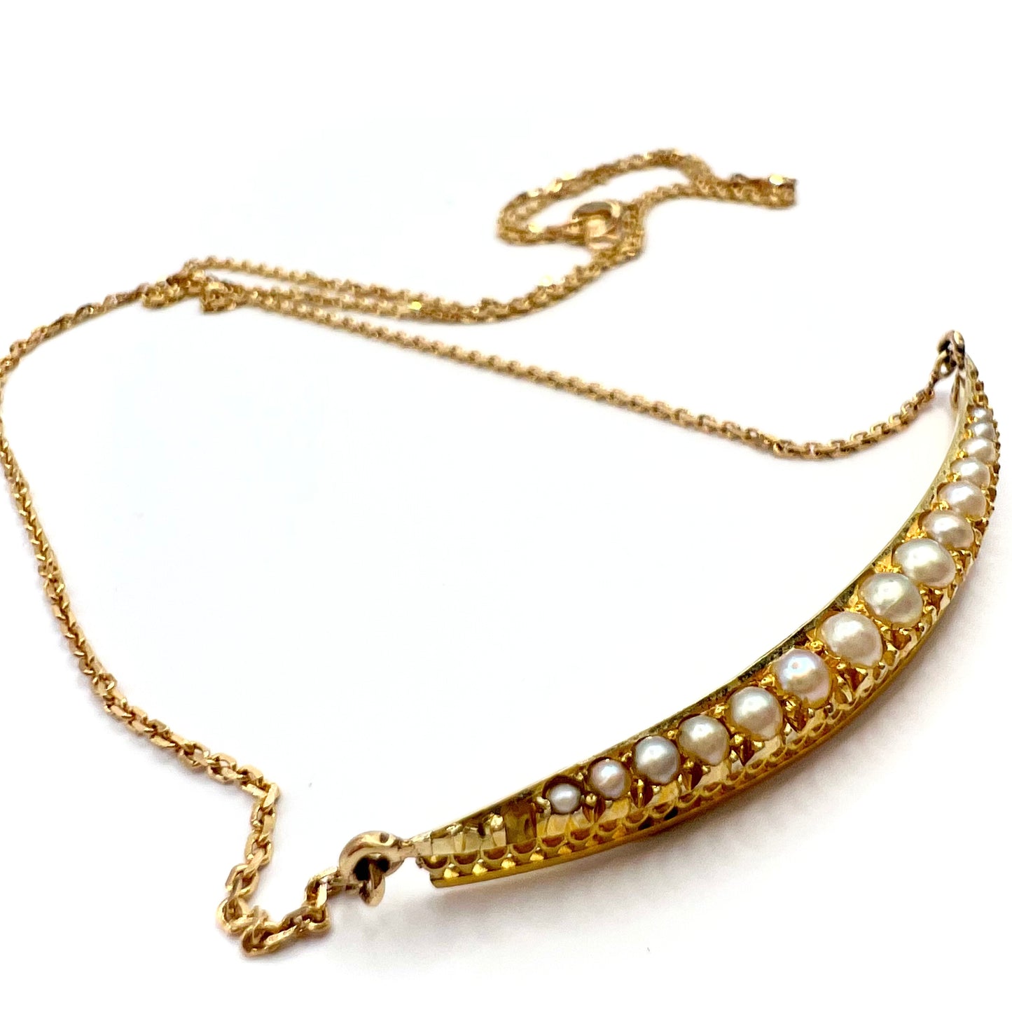 Victorian 9ct Gold and Split Pearl Open Crescent Moon Necklace